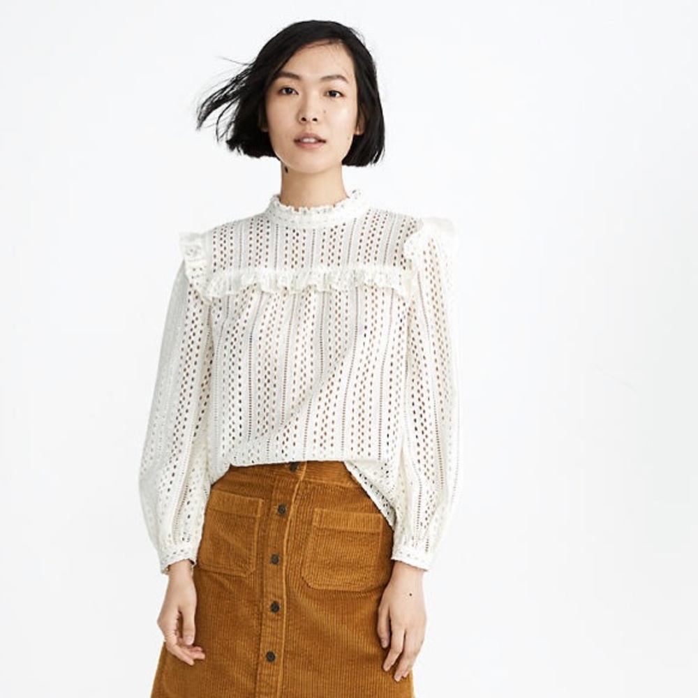 Eyelet Mockneck Ruffle Top
